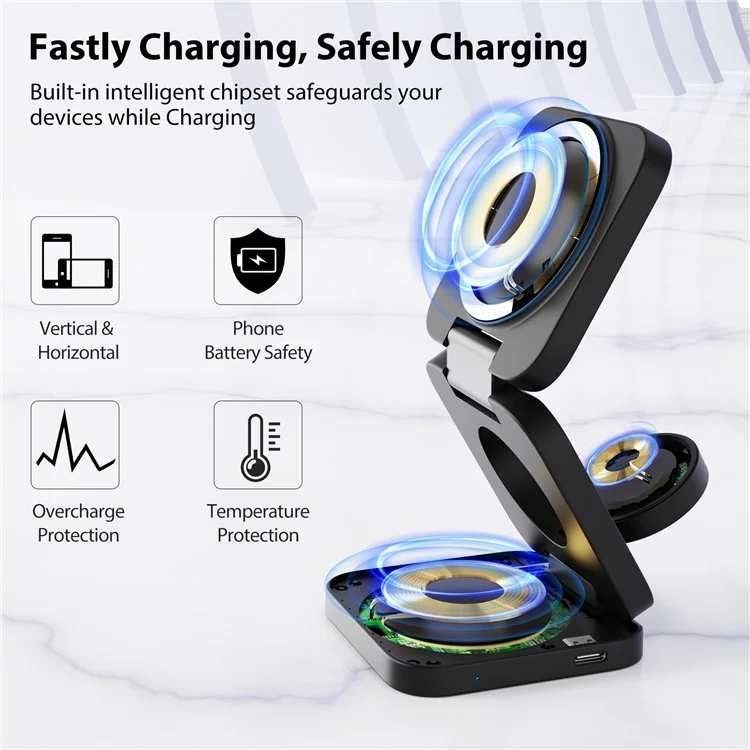 KU XIU X55 Chargeur sans fil pliable pour iPhone, chargeur sans fil magnétique pour Apple Watch AirPods - Noir