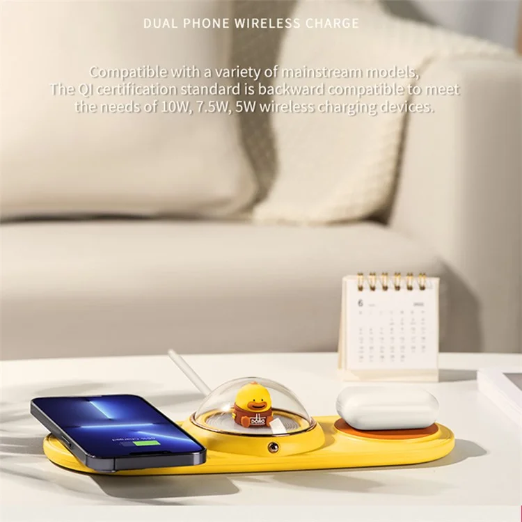 ICARER FAMILY 2-in-1 Cute Cartoon Design Wireless Charger Phone Earphone Wireless Charging Dock - Amarelo
