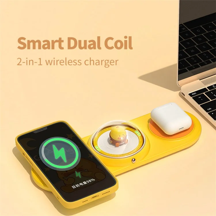 ICARER FAMILY 2-in-1 Cute Cartoon Design Wireless Charger Phone Earphone Wireless Charging Dock - Amarelo