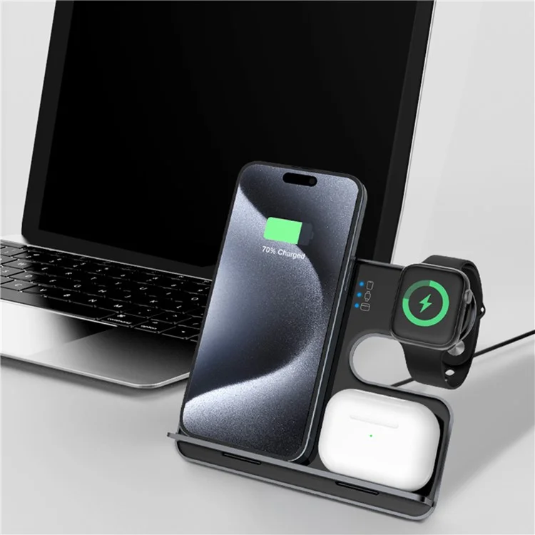 Q10C 3-in-1 15W Wireless Charger Phone Watch Earphone Charging Stand with Removable Bracket - Schwarz