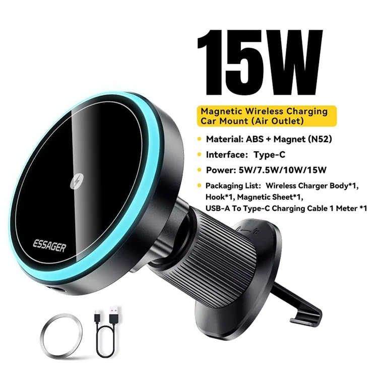 ESSAGER Magnetic Wireless Charger Car Mount Cell Phone Bracket Holder Charger - Air Outlet Type