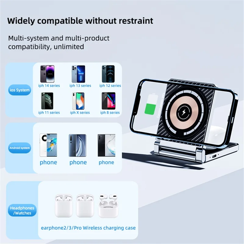 T35 15W Foldable Magnetic Wireless Charger 2-in-1 Phone Earphone Charging Dock - White