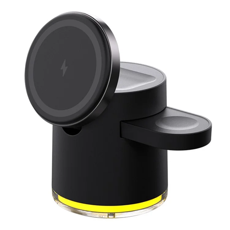 C16 Para Samsung Apple Watch Airpods iPhone 15W Cargador inalámbrico magnético Soporte de carga con luz nocturna - Negro
