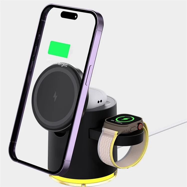 C16 Para Samsung Apple Watch Airpods iPhone 15W Cargador inalámbrico magnético Soporte de carga con luz nocturna - Negro