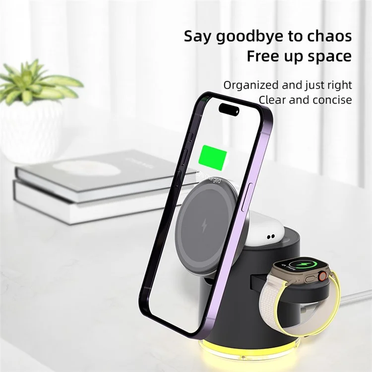 C16 Para Samsung Apple Watch Airpods iPhone 15W Cargador inalámbrico magnético Soporte de carga con luz nocturna - Negro