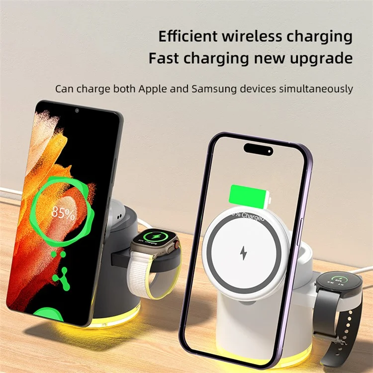 C16 Para Samsung Apple Watch Airpods iPhone 15W Cargador inalámbrico magnético Soporte de carga con luz nocturna - Negro