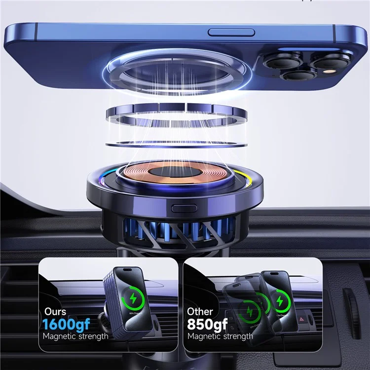 S23R Qi2 Semiconduttore Raffreddamento Vent Aria Auto 15W Telefono Caricatore Wireless Magnetico con Luce RGB 