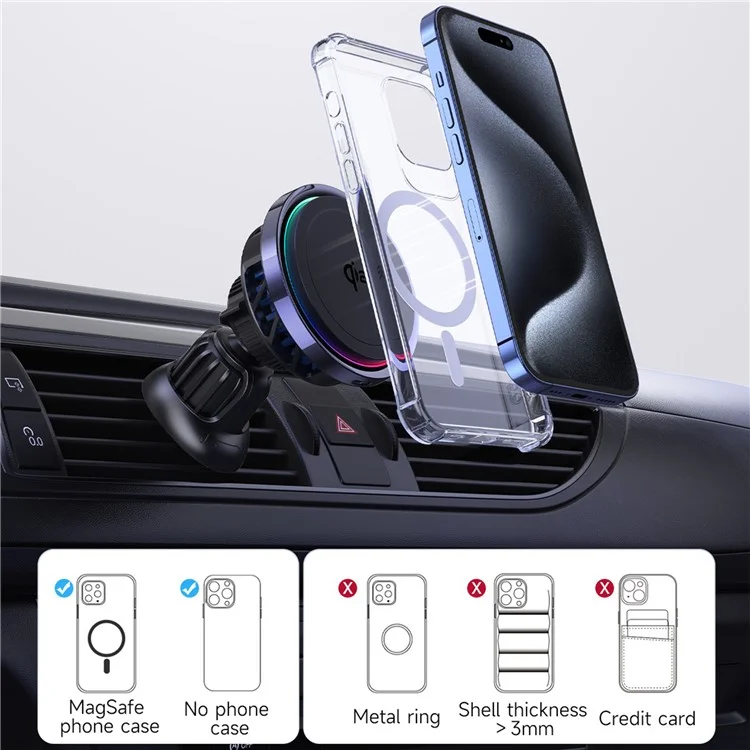 S23R Qi2 Semiconduttore Raffreddamento Vent Aria Auto 15W Telefono Caricatore Wireless Magnetico con Luce RGB 