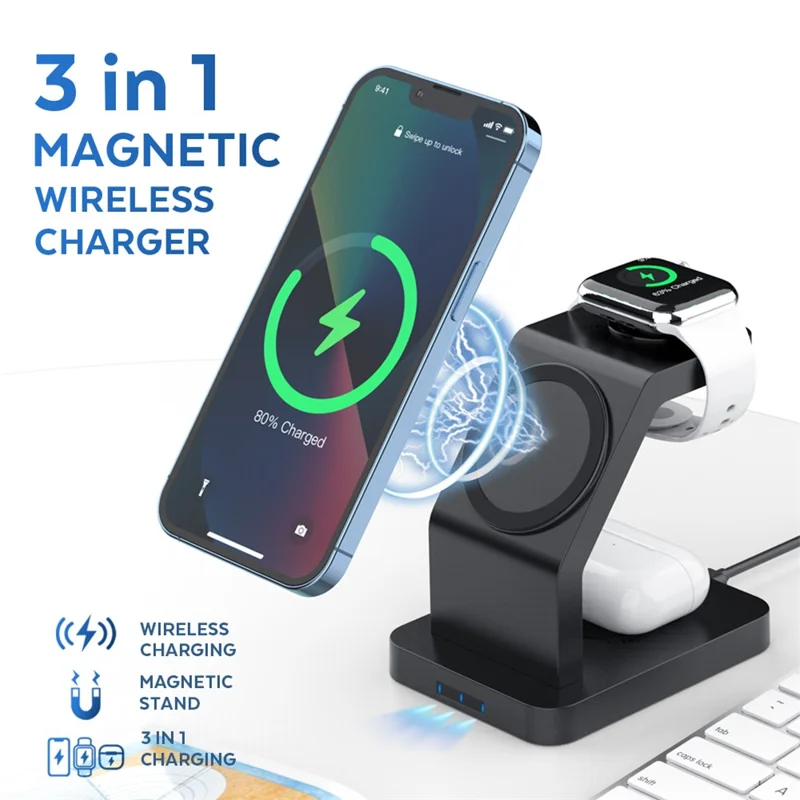 Station de charge sans fil magnétique 3 en 1 de 15 W pour iPhone / AirPods / Apple Watch - Blanc