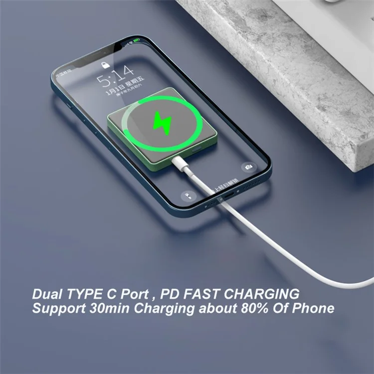 E30 10000mAh Magnetic Wireless Power Bank Mini External Battery Pack for iPhone 12 / 13 Series Support 20W PD Fast Charging - Green