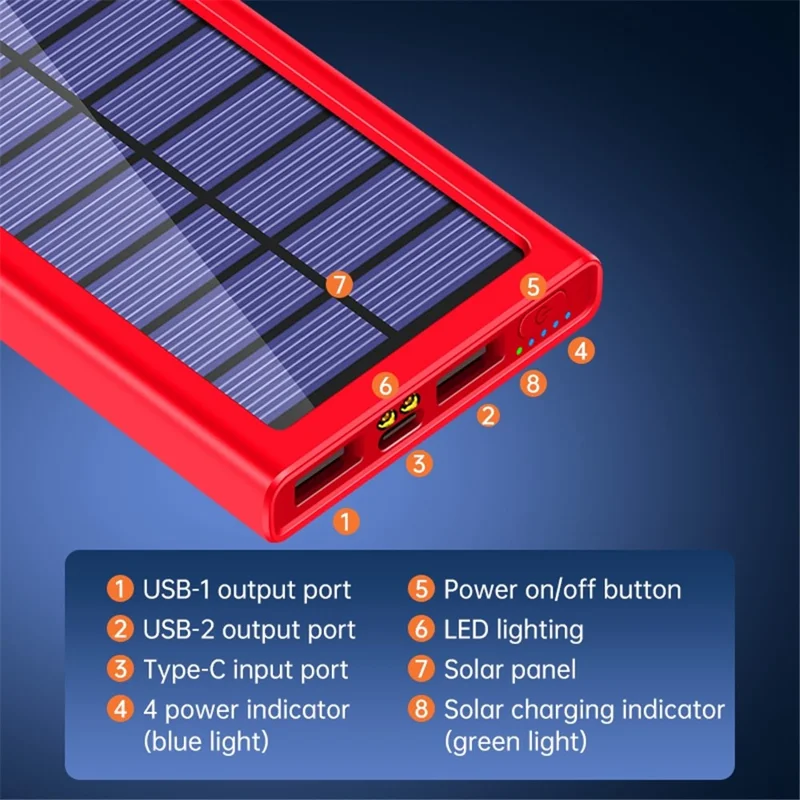 PSOOO 10000mAh Power Bank Dual USB Outputs Portable Solar Charger with LED Flashlight - Red
