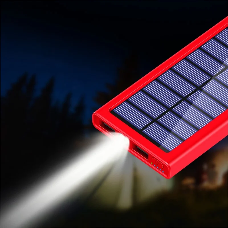 PSOOO 10000mAh Power Bank Dual USB Outputs Portable Solar Charger with LED Flashlight - Red