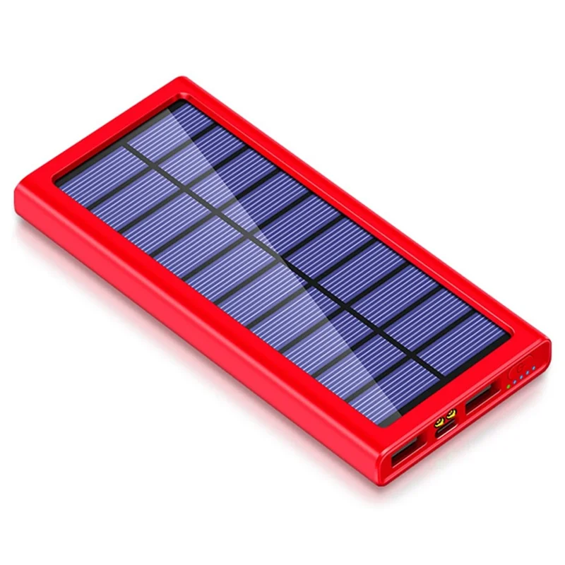 PSOOO 10000mAh Power Bank Dual USB Outputs Portable Solar Charger with LED Flashlight - Red