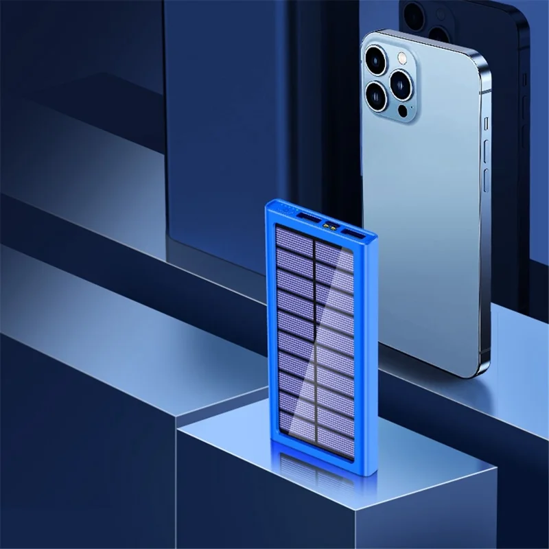 PSOOO 10000mAh Power Bank Dual USB Outputs Portable Solar Charger with LED Flashlight - Blue