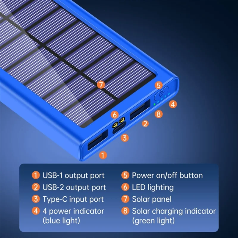 PSOOO 10000mAh Power Bank Dual USB Outputs Portable Solar Charger with LED Flashlight - Blue