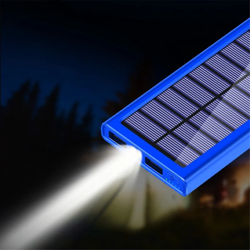 PSOOO 10000mAh Power Bank Dual USB Outputs Portable Solar Charger with LED Flashlight - Blue