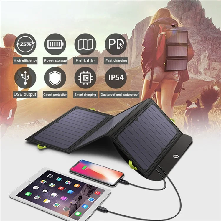 Allpowers AP-SP-002-BLA 21W 10000mAh Chargeur de Panneau Solaire Pliable Portable Outdoor 2 USB + 1 Type-C PD 18W Banque D'alimentation