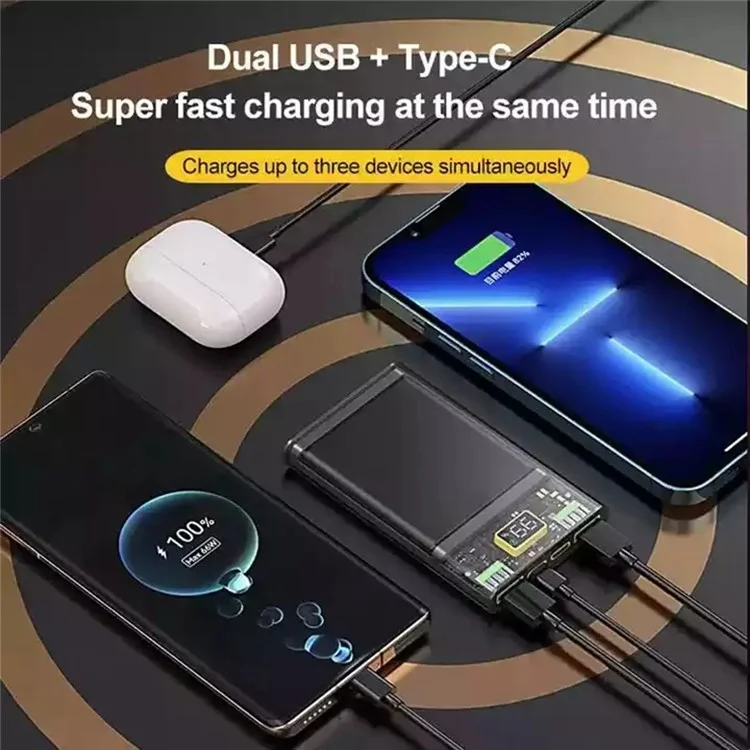 E39 10000mAh 22.5W Power Bank Dual-sided Clear Design PD 20W Quick Charging External Battery