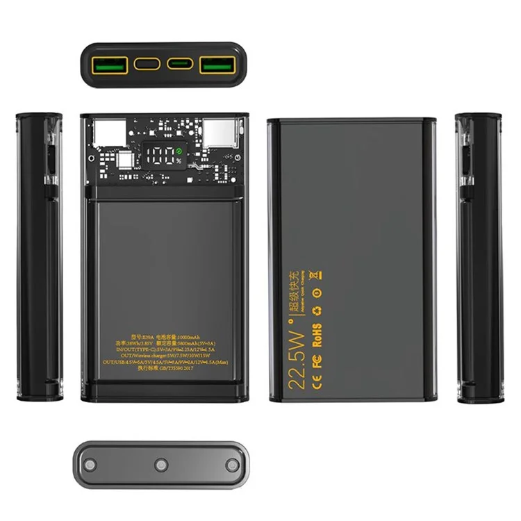 E39 10000mAh 22.5W Power Bank Dual-sided Clear Design PD 20W Quick Charging External Battery