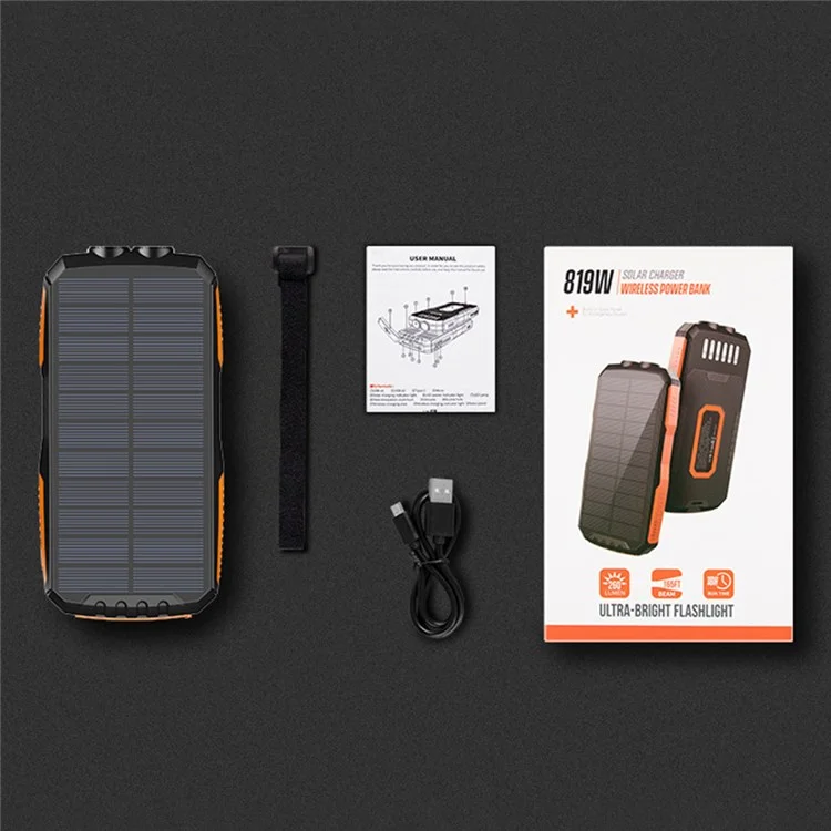 YD-819W Solar Power Bank 14000mAh Portable Wireless Charger External Battery Pack with LED Lighting for Outdoor Camping - Black