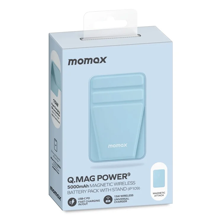 MOMAX Q.MAG Power9 5000mAh External Battery Pack Magnetic Wireless Power Bank USB-C Output Portable Charger with Stand - Blue