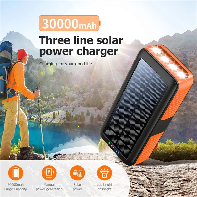 PSOOO PS-618 Hand-cranked Solar Power Bank 30000mAh External Battery Pack Portable Charger with Micro+Type-C+Lightning Cables - Black / Orange