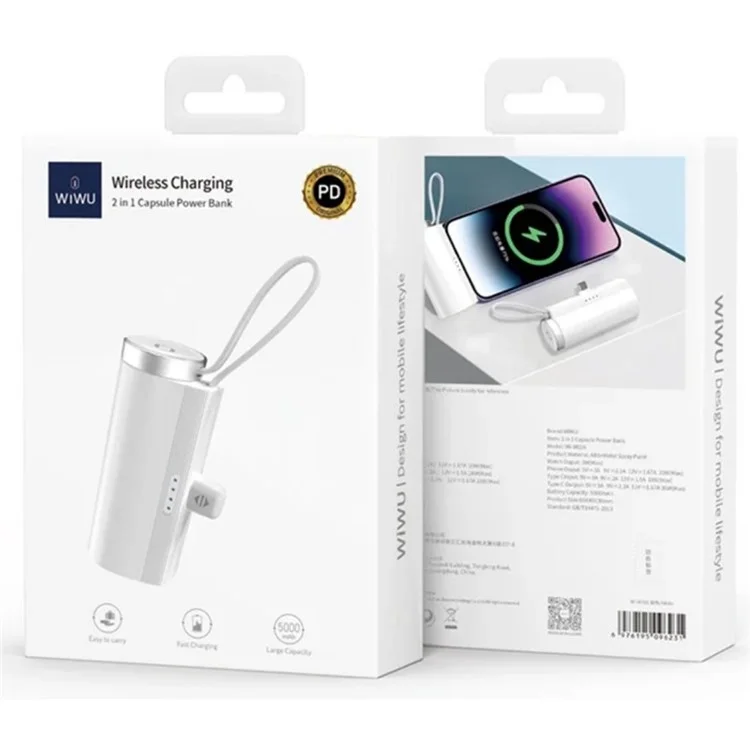 WIWU Wi-W026 Batterie externe Type-C 5000mAh Mini Capsule Chargeur sans fil pour montre connectée 