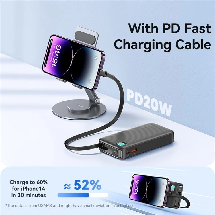 USAMS CD225 LED Display Charger 10000mAh Power Bank PD 20W Fast Charging with IP Cable - Black