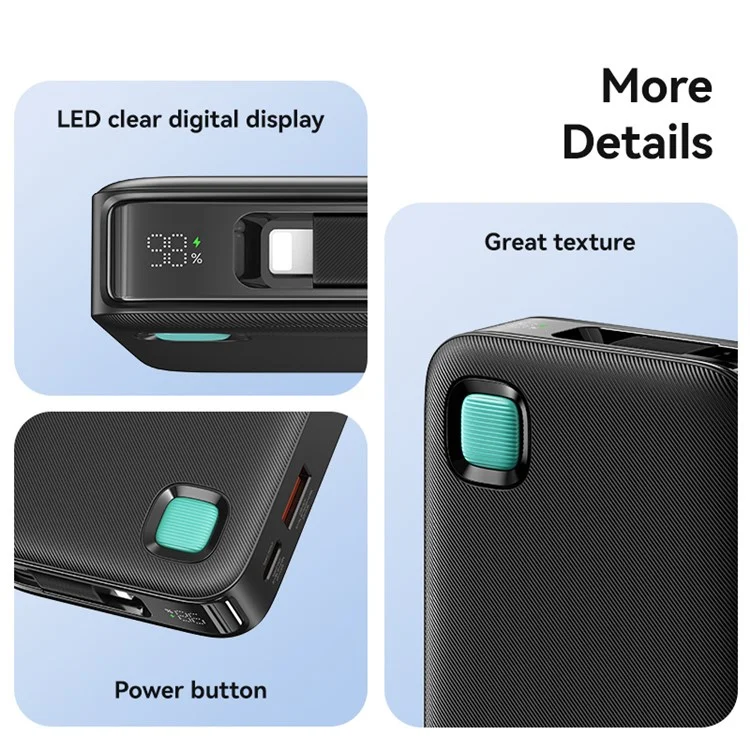 USAMS CD225 LED Display Charger 10000mAh Power Bank PD 20W Fast Charging with IP Cable - Black