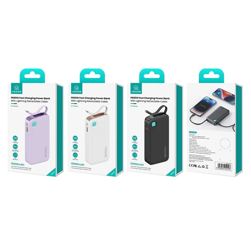 USAMS CD225 LED Display Charger 10000mAh Power Bank PD 20W Fast Charging with IP Cable - White