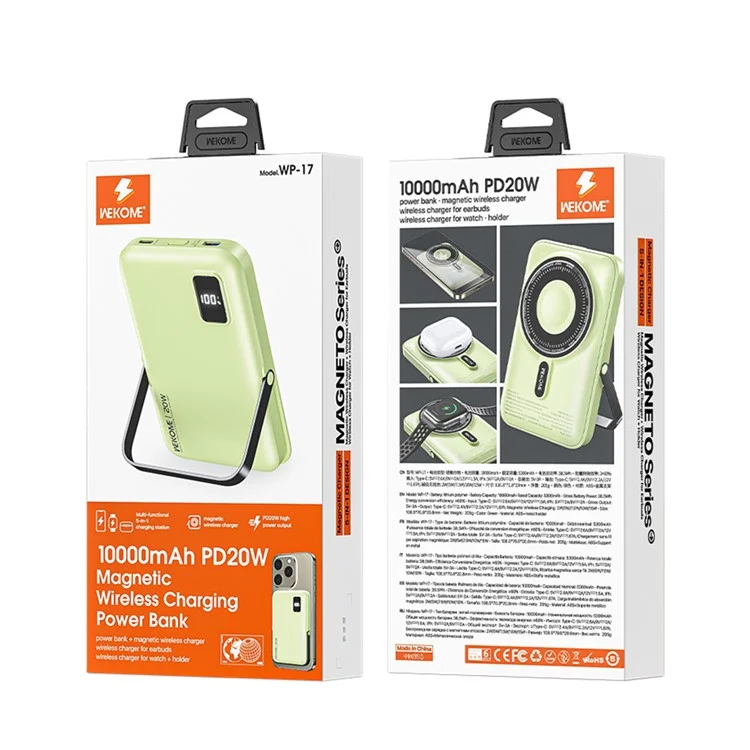 WEKOME WP-17 Batterie Externe 10000mAh Chargeur Rapide 5-en-1 Station de Charge avec Support - Vert