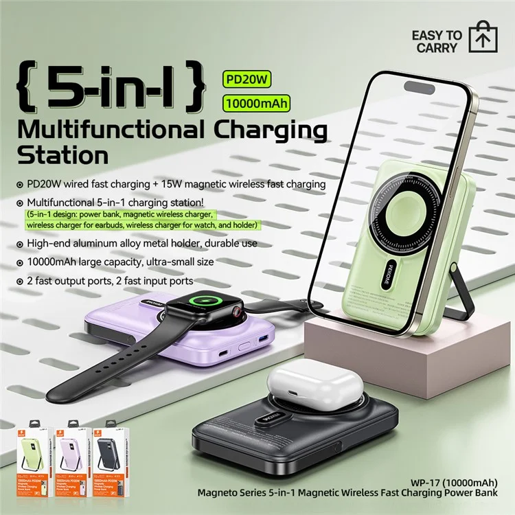 WEKOME WP-17 Batterie Externe 10000mAh Chargeur Rapide 5-en-1 Station de Charge avec Support - Vert