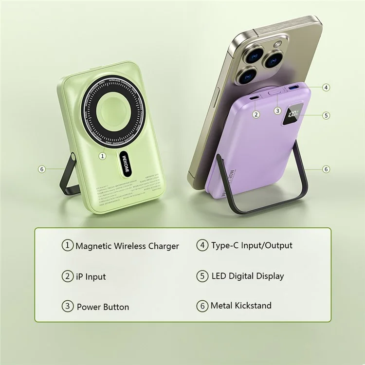 WEKOME WP-17 Batterie Externe 10000mAh Chargeur Rapide 5-en-1 Station de Charge avec Support - Vert
