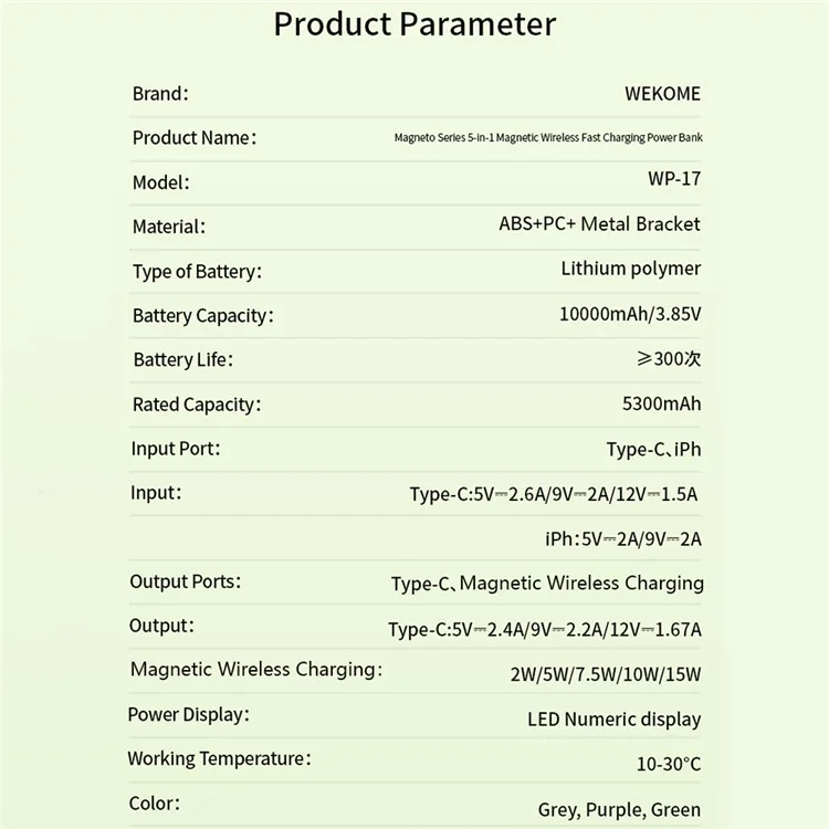 WEKOME WP-17 Batterie Externe 10000mAh Chargeur Rapide 5-en-1 Station de Charge avec Support - Vert