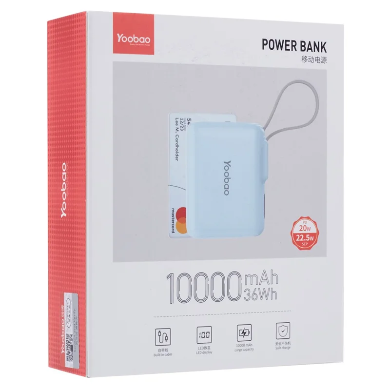 YOOBAO LD10 Power Bank 36Wh 10,000mAh Portable Charger Built-In Type-C Cable LED Display - Blue