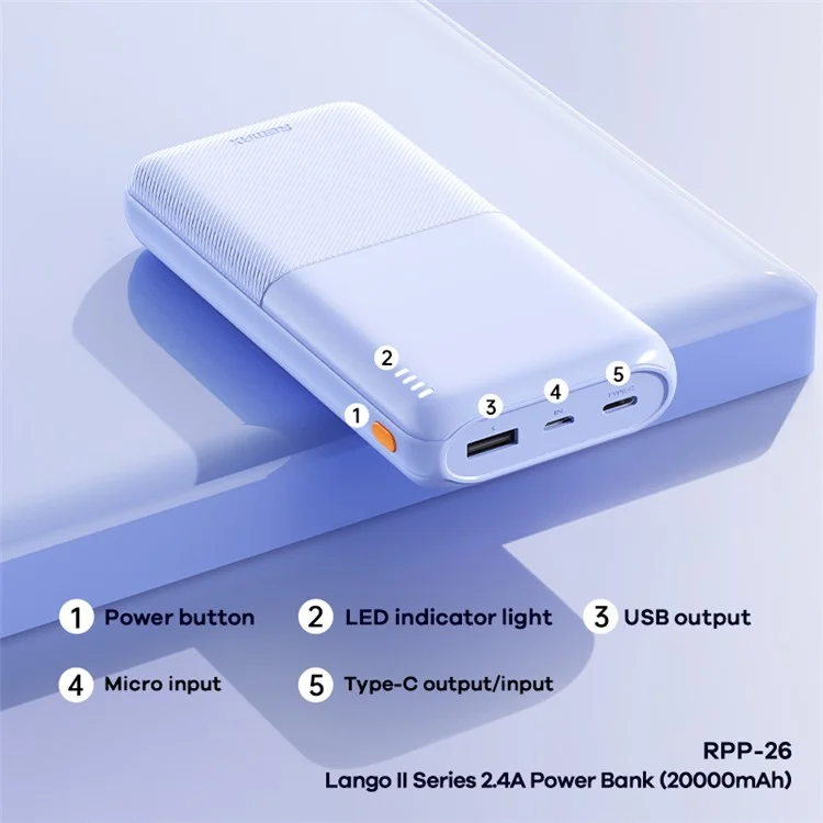 REMAX RPP-26 Lango II Series 2.4A Fast Charging Power Bank 20000mAh Portable Phone Charger - Blue