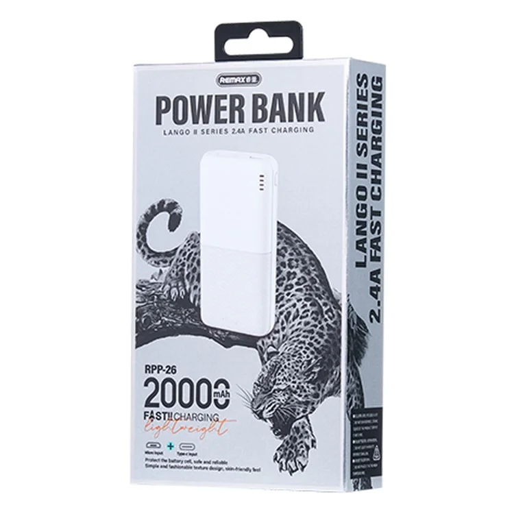 REMAX RPP-26 Lango II Series 2.4A Fast Charging Power Bank 20000mAh Portable Phone Charger - White