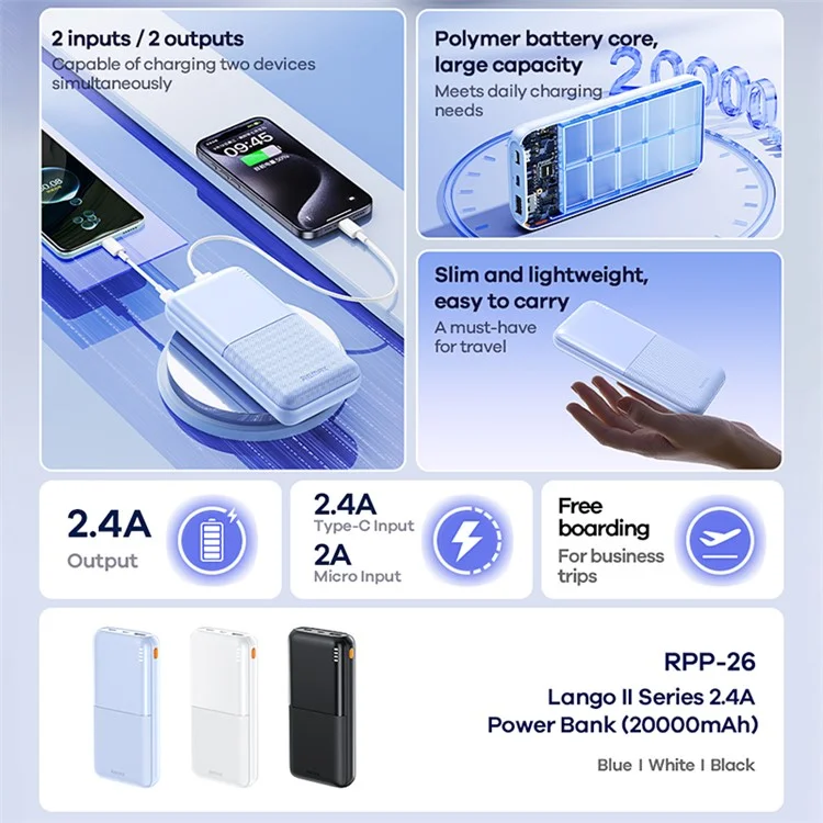 Batería externa REMAX RPP-26 Serie Lango II de 20000mAh, carga rápida 2,4A para móviles - Negro
