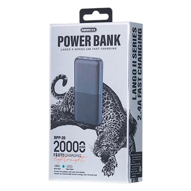 Batería externa REMAX RPP-26 Serie Lango II de 20000mAh, carga rápida 2,4A para móviles - Negro