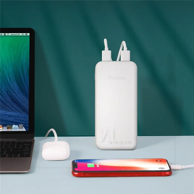 Yoobao S8P Mini 20000mah Power Bank Battery Battery Pack SCP22.5W+PD20W Cargo Súper Rápido Soporte de Cargador Portátil Carga de Flash Bidireccional Con Luces Indicadoras - Blanco