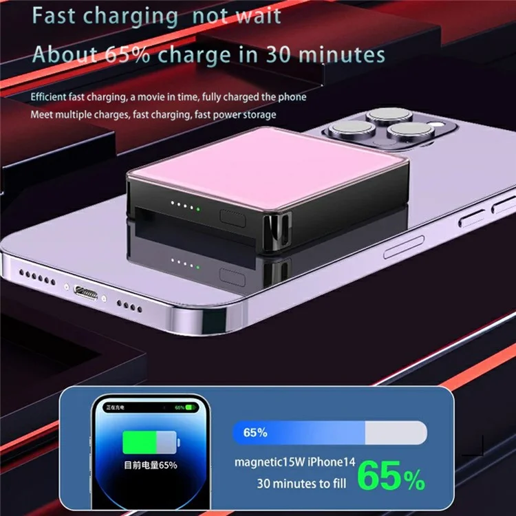 Batterie externe E50A Phone 5000mAh Power Bank 15W Chargeur sans fil magnétique - Rose