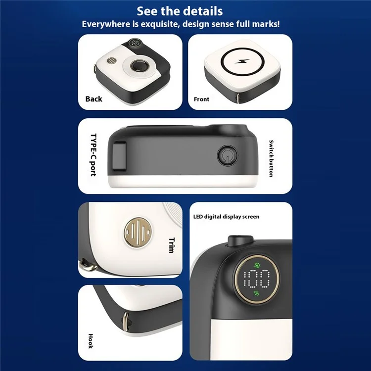 E49 10000mAh Power Bank Camera Shaped Magnetic Wireless Charger Phone External Battery Pack - Black