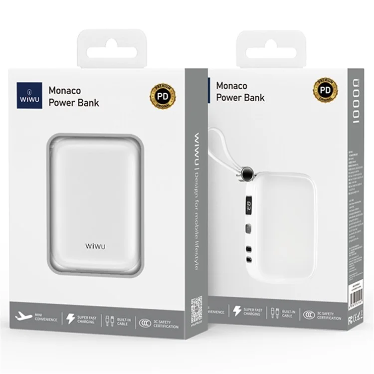 WIWU Wi-P042 10000mAh Power Bank Gradient Color Magnetic Phone Charger with Type-C + 8Pin Cable - White