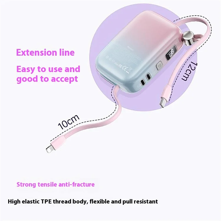 WIWU Wi-P042 10000mAh Power Bank Gradient Color Magnetic Phone Charger with Type-C + 8Pin Cable - White