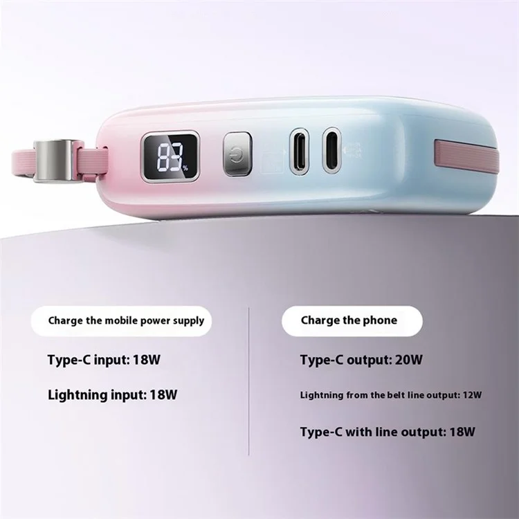 WIWU Wi-P042 10000mAh Power Bank Gradient Color Magnetic Phone Charger with Type-C + 8Pin Cable - White