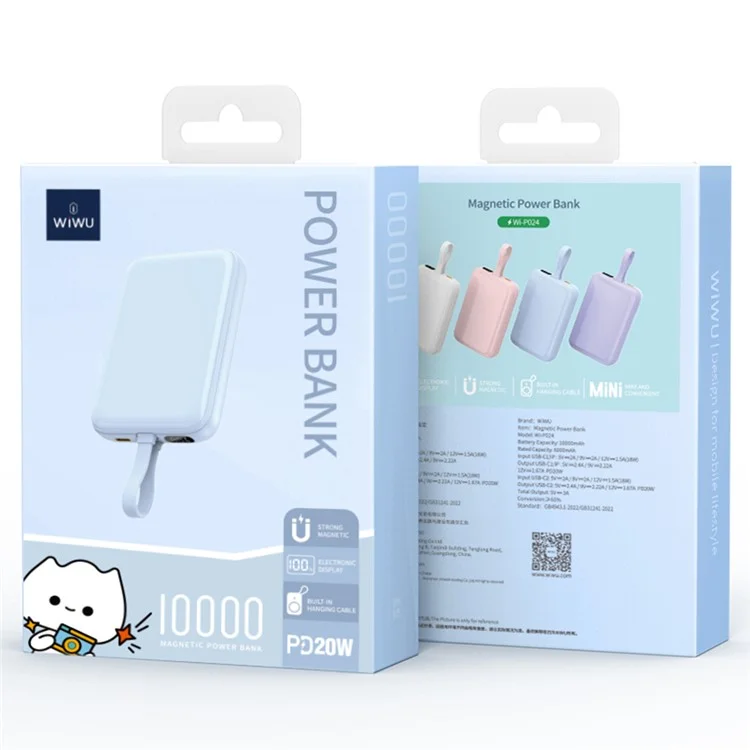 WIWU Wi-P024 10000mAh Magnetic Wireless Charging Power Bank PD 20W Fast Charging Battery Pack with Built-in Cable - White