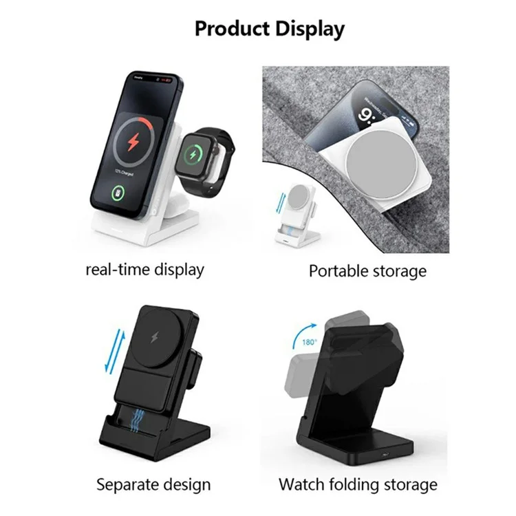 Chargeur sans fil 3 en 1 YF-P7 : montre / écouteurs / téléphone portable - Support de chargement détachable 15W magnétique - Noir+Noir