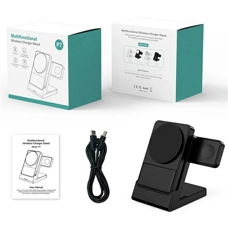 Chargeur sans fil 3 en 1 YF-P7 : montre / écouteurs / téléphone portable - Support de chargement détachable 15W magnétique - Noir+Noir