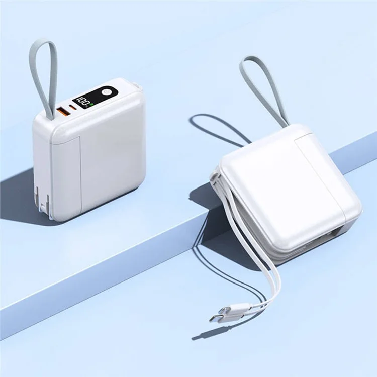AC Wall Plug Portable Charger with 8-Pin + Type-C Cables, 20000mAh Power Bank PD 22.5W Phone Battery Pack - White