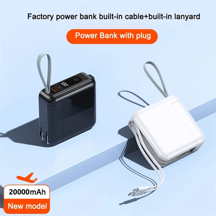 AC Wall Plug Portable Charger with 8-Pin + Type-C Cables, 20000mAh Power Bank PD 22.5W Phone Battery Pack - White